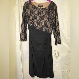 Evan Picone Black Label Black Nude Lace Dress w/ Asymmetrical Skirt Size 8